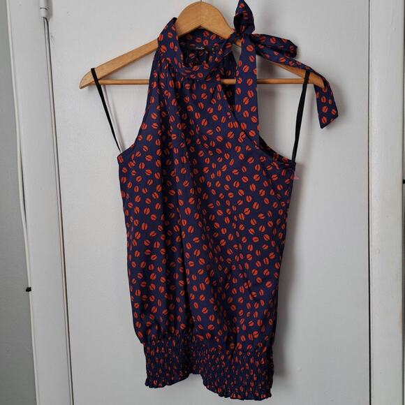 Papaya Tops - Papaya Tie Neck Halter Top Blue Red Lips Women's Medium
